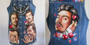 Artist Emily Ingham’s hand-painted denim vest pays tribute to Styles.