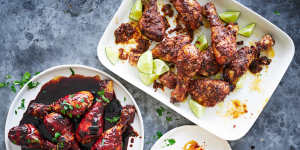 Adam Liaw's glazed (left) and jerked chicken drumstick recipes.
