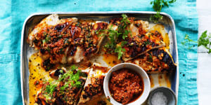 Barbecued chicken breast with romesco