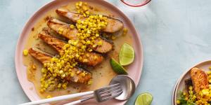 Salmon with buttered garlic corn.