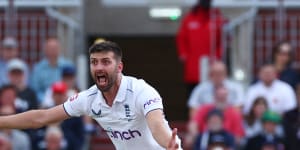 England’s Mark Wood appeals for the lbw wicket of Australia’s Steve Smith before a successful review.