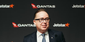 Qantas CEO Alan Joyce announces record profits earlier this month.