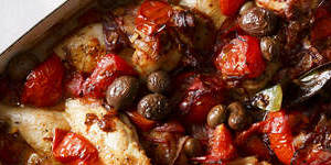 Baked poussin (or chicken) with tomato,sherry,fennel seeds,bay and olives.