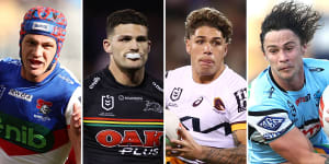 NRL finals stars (l-r):Newcastle’s Kalyn Ponga,Penrith’s Nathan Cleary,Brisbane’s Reece Walsh and Cronulla’s Nicho Hynes.