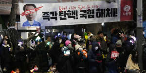 Protesters rally in support of South Korean President Yoon Suk Yeol’s impeachment.