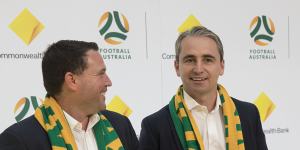 Football Australia CEO James Johnson and Commonwealth Bank CEO Matt Comyn in 2021 as they announced that the bank had become the naming rights partner for the Matildas.