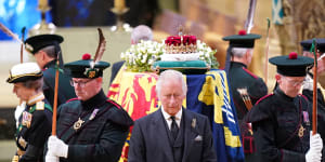 King Charles III,Prince Edward,Duke of Wessex,Princess Anne,Princes Royal and Prince Andrew,Duke of York hold a vigil at St Giles’ Cathedral in honour of Queen Elizabeth II as members of the public walk past on September 12,2022 in Edinburgh,Scotland. 