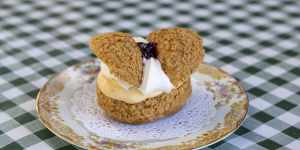 Butterfly profiterole with Davidson plum and cream. 