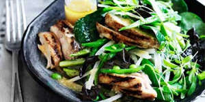 Salad of chargrilled chicken with ginger-miso dressing,