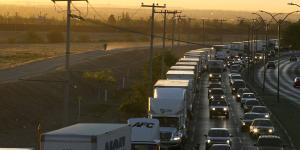 Trucks wait to cross the border with the US in Ciudad Juarez,Mexico.