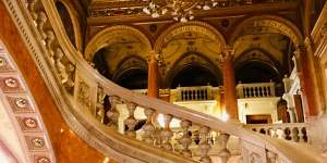 The ornate staircase inside the Hungarian State Opera House.
