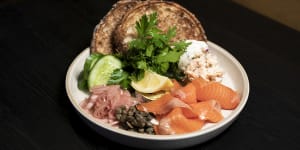 The bagel and smoked trout works like a picnic on a plate.