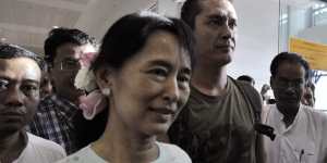Suu Kyi reunites with her son Kim Aris,right,in 2010 after being released from house arrest. She had been detained for 15 of the preceding 21 years.