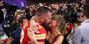 Travis Kelce shares a moment with Taylor Swift after the Super Bowl.