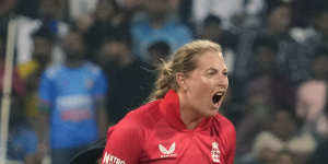 England’s Sophie Ecclestone reacts after taking a key wicket against India during their Twenty20 series.