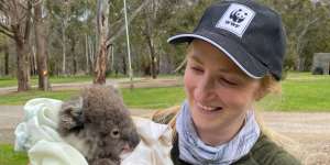 Dr Kita Ashman holds a young koala.