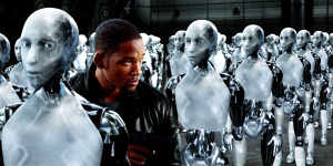 Will Smith battles another pesky AI that thinks it knows best (and a few thousand robots) in the 2004 film<i>I,Robot. 