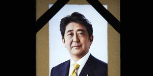 A portrait of former Japanese Prime Minister Shinzo Abe hangs on the stage during the state funeral of former Japanese prime minister Shinzo Abe