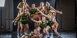 The Australian Opals play around during team photos ahead of their world cup qualifiers in Serbia.