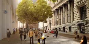 A render of extended footpaths with trees and seating on Hunter Street between Pitt and Castlereagh streets,