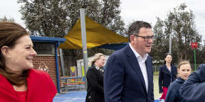 Then-premier Daniel Andrews announces a schools package on the campaign trail during the 2022 election campaign,with Planning Minister Sonya Kilkenny (left).