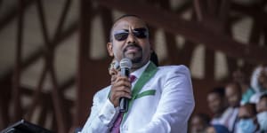 Ethiopian Prime Minister Abiy Ahmed speaks at a final campaign rally in the town of Jimma,Oromia,on Monday