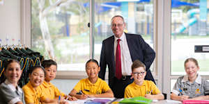 Templeton Primary School principal Rod McKinlay photographed with year 5 students,from left,Eden,Jessica,Leon,Grace,Xavier and Tegan. 