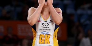 Lightning keeper Ashleigh Ervin expresses her frustration during Saturday night’s controversial Super Netball match against the Giants.