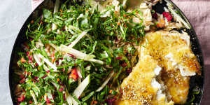 Rainbow chard and orzo salad with crispy feta.