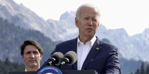 US President Joe Biden speaks at the G7 summit in Bavaria on Sunday as Canadian Prime Minister Justin Trudeau is looks on.