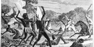 An 1867 image by Samuel Calvert from the Illustrated Melbourne Post,depicting Aboriginals and white settlers “in battle”. 