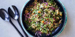 Eggplant,brown rice and quinoa salad with caramel dressing.