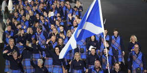 Team Scotland is immediately recognisable as they parade during the opening ceremony of the Commonwealth Games at the Alexander Stadium in Birmingham,