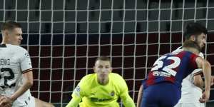 Fermin Lopez scores Barcelona’s second goal against Shakhtar Donetsk.