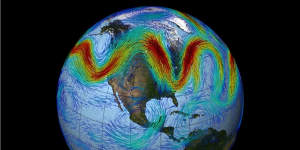 A visualisation of the very wavy northern hemisphere jet stream.