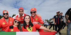 Ferrari fans Adrian Puopolo,Alex Di Tella,Matthew Fava,Danni Campagna and Josie Mazzeo were among Saturday’s record crowd at the Australian Grand Prix.