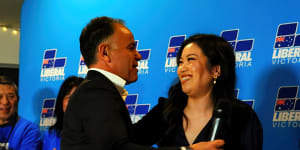 Nicole Werner is congratulated by the Victorian Liberal leader John Pessuto.