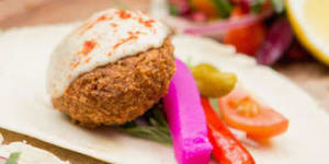 Felafel with pickled turnips,chillies,mint,tahini,saj bread.