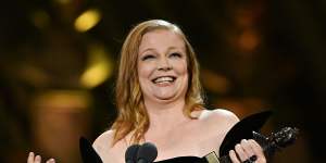Sarah Snook with the Best Actress award on stage during The Olivier Awards 2024 at The Royal Albert Hall in London.