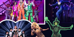 Musical theatre in Australia is experiencing a boom,including (clockwise from top left) Mamma Mia,Elvis,Wicked,Tina the Musical and Moulin Rouge. 