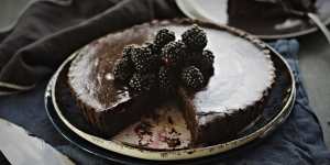 Glossy chocolate ganache and blackberry tart.
