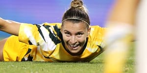 Steph Catley celebrates scoring a goal in Australia's Olympic qualifying win over Chinese Taipei in February.