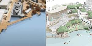 The 2006 Queensland Maritime Museum plan (left);and an image from the South Bank Master Plan released in May 2024.