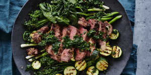 Adam Liaw's steak with barbecued greens.