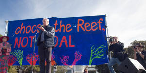 Former Liberal Party leader and member for Wentworth John Hewson at a climate protest in his old seat in 2017. The Wentworth by election will be held on October 30.