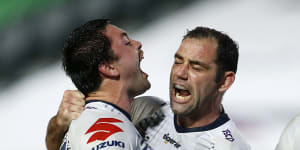 Brandon Smith celebrates a try with Cameron Smith in the Storm's win over the Knights. 