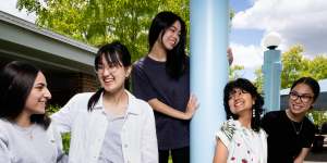 (Left to right) Marina Hindo,Cecilia Pham,Bonita Chen,Lauren Alzamora,and Emily Cao at Mary MacKillop Catholic College. 