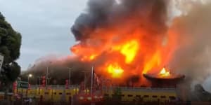 Firefighters battle huge blaze at Springvale South Buddhist temple
