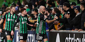 Western United thanking fans after the A-League men’s semi-final match against Melbourne City in 2025 – one of the last times they played.