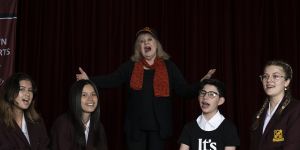 Little Pattie (Patricia Amphlett) who performed in the “It’s Time” 1972 election campaign will conduct a school choir from Campbelltown Performing Arts High School next week. Students from left to right Caitlyn Santos,Lilyana Watson,Tyrone Brincat and Killara Hughes.